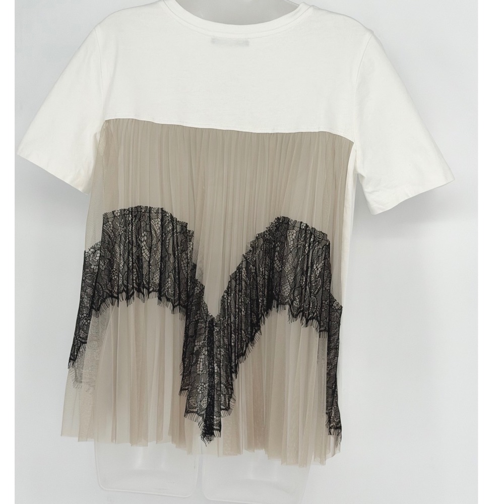 ZARA White Lace Trim Tulle Sheer Back T Shirt Top Women's M Bohemian Chic 100-60 - Picture 11 of 13